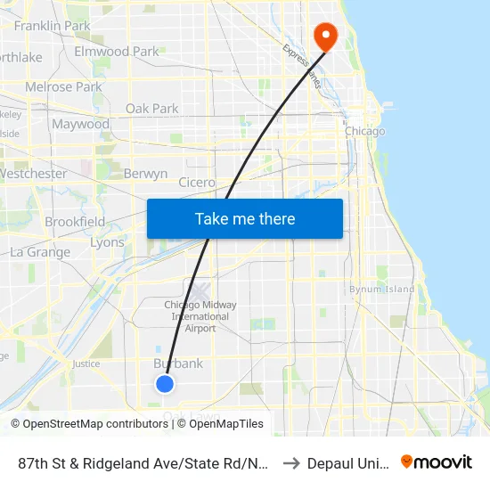 87th St & Ridgeland Ave/State Rd/Narragansett Ave to Depaul University map