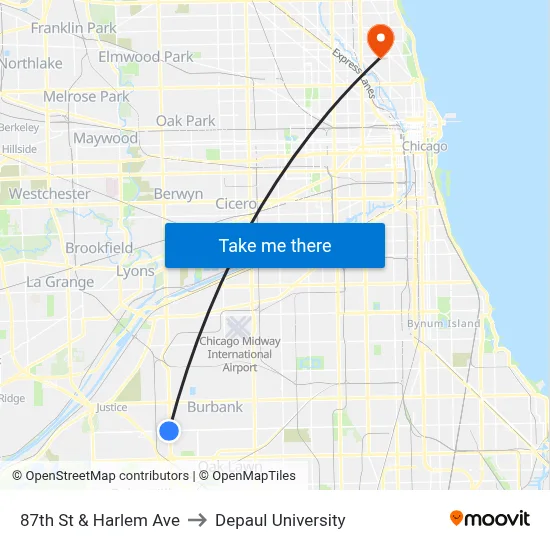 87th St & Harlem Ave to Depaul University map