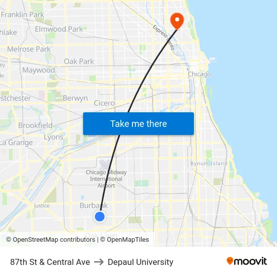 87th St & Central Ave to Depaul University map