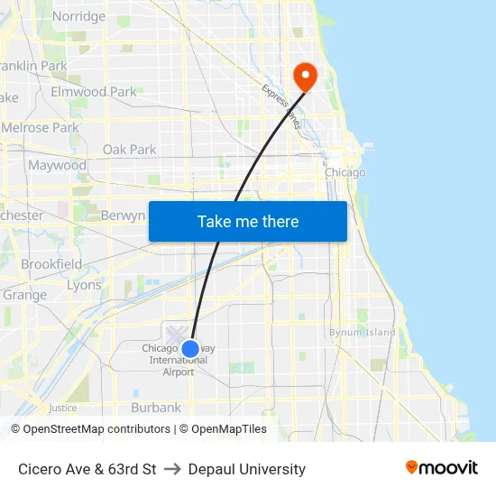 Cicero Ave & 63rd St to Depaul University map
