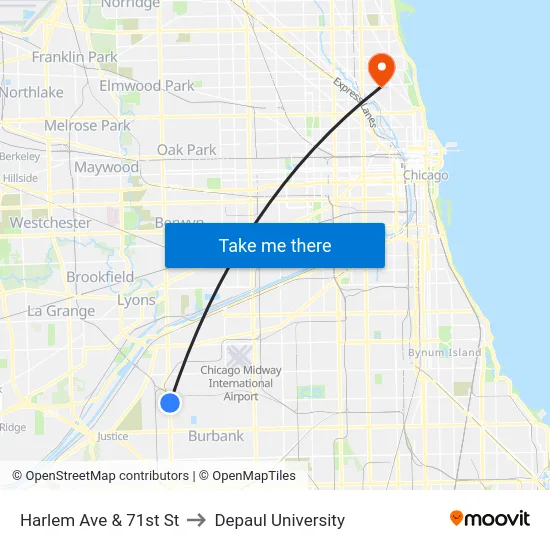 Harlem Ave & 71st St to Depaul University map