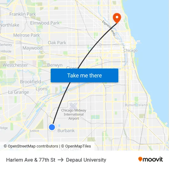 Harlem Ave & 77th St to Depaul University map