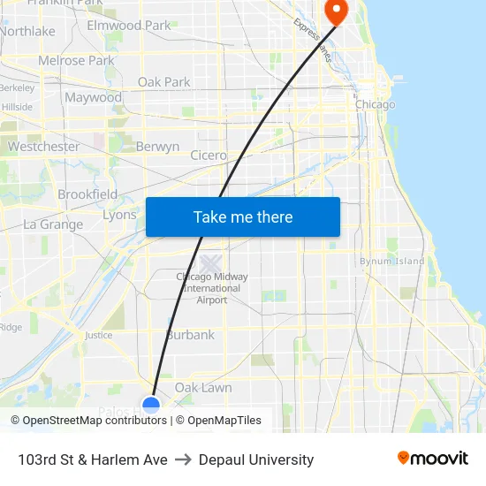 103rd St & Harlem Ave to Depaul University map