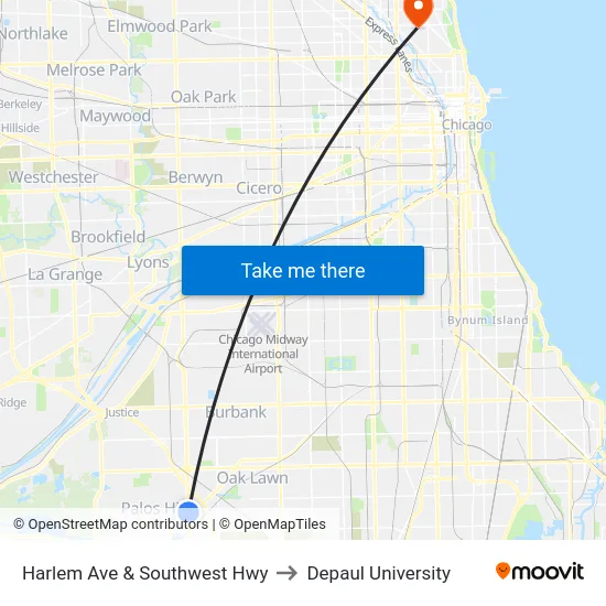 Harlem Ave & Southwest Hwy to Depaul University map