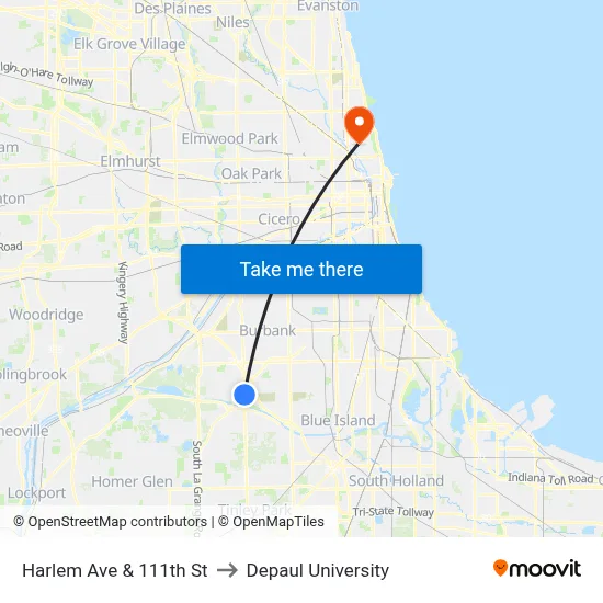 Harlem Ave & 111th St to Depaul University map