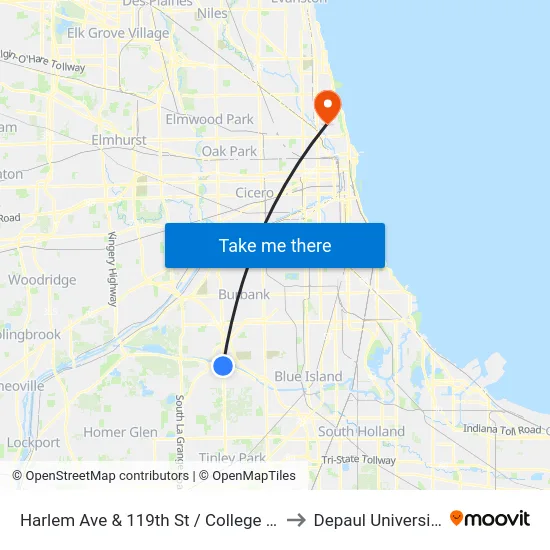 Harlem Ave & 119th St / College Dr to Depaul University map