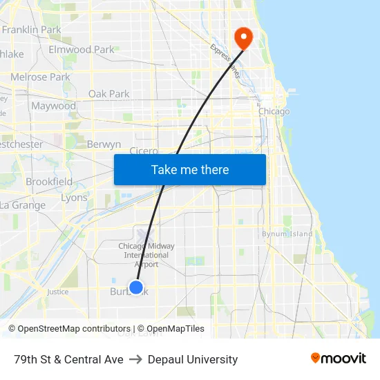 79th St & Central Ave to Depaul University map