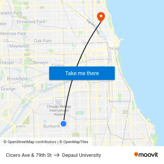 Cicero Ave & 79th St to Depaul University map