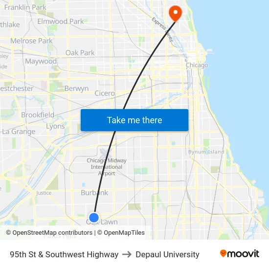 95th St & Southwest Highway to Depaul University map