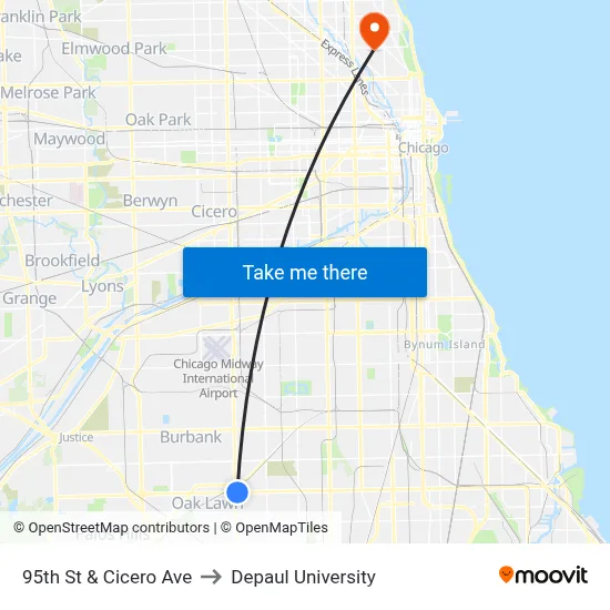 95th St & Cicero Ave to Depaul University map