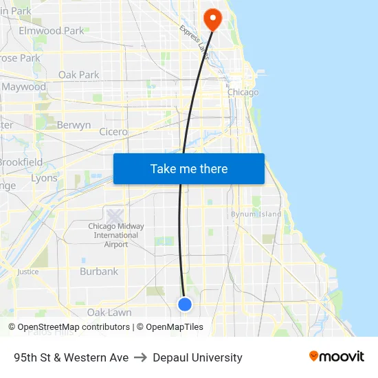 95th St & Western Ave to Depaul University map
