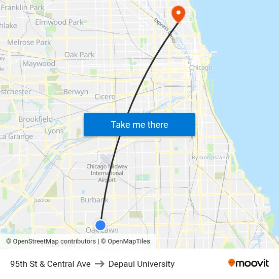 95th St & Central Ave to Depaul University map