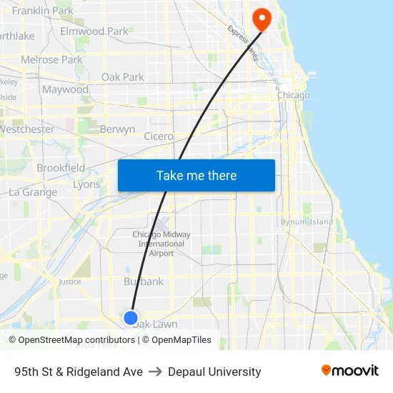95th St & Ridgeland Ave to Depaul University map