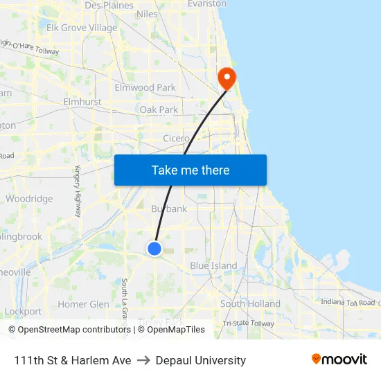 111th St & Harlem Ave to Depaul University map
