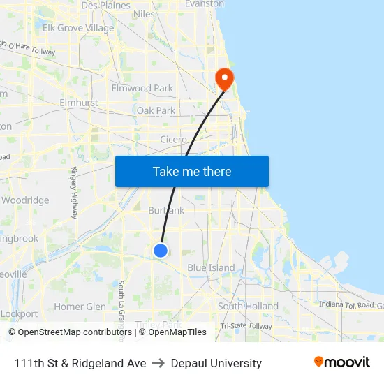 111th St & Ridgeland Ave to Depaul University map