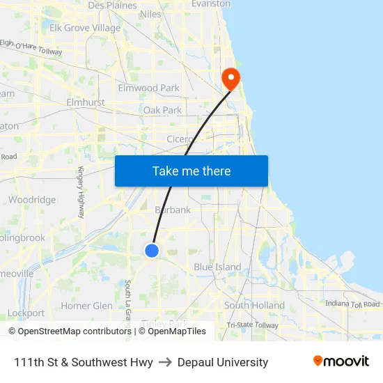 111th St & Southwest Hwy to Depaul University map