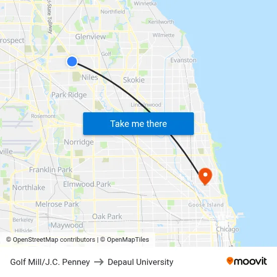 Golf Mill/J.C. Penney to Depaul University map