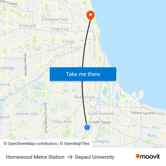 Homewood Metra Station to Depaul University map