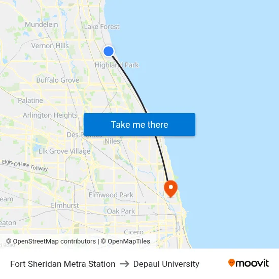 Fort Sheridan Metra Station to Depaul University map