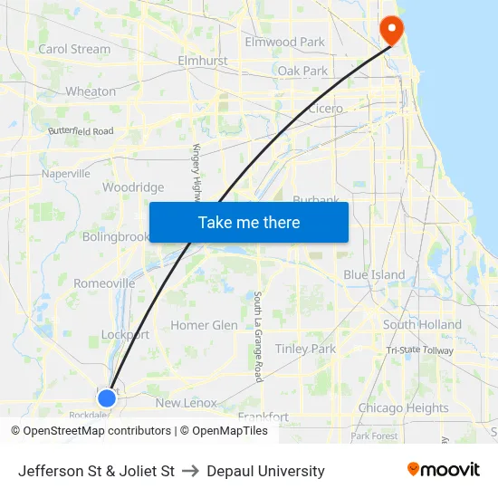 Jefferson St & Joliet St to Depaul University map