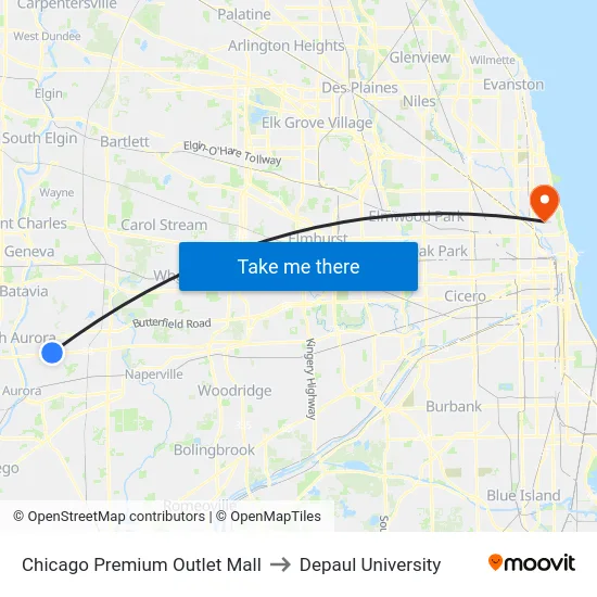 Chicago Premium Outlet Mall to Depaul University map