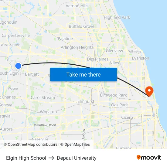 Elgin High School to Depaul University map