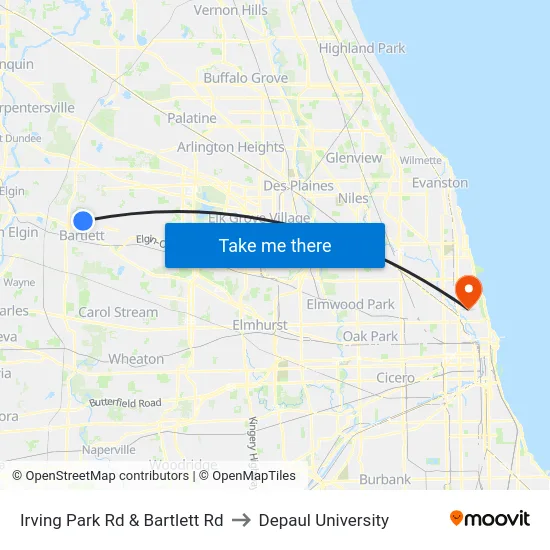 Irving Park Rd & Bartlett Rd to Depaul University map