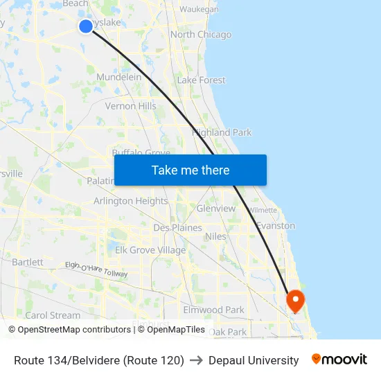 Route 134/Belvidere (Route 120) to Depaul University map