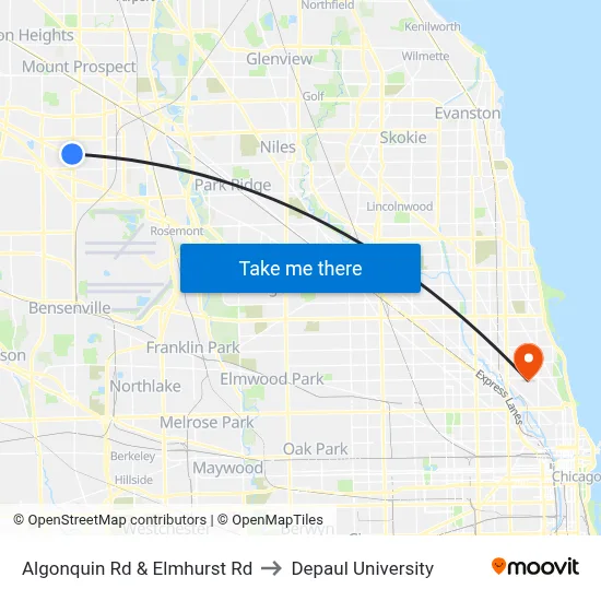 Algonquin Rd & Elmhurst Rd to Depaul University map