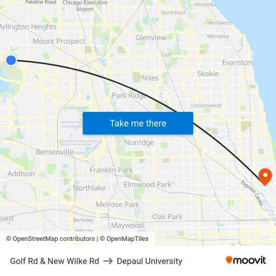 Golf Rd & New Wilke Rd to Depaul University map