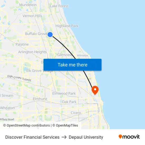 Discover Financial Services to Depaul University map