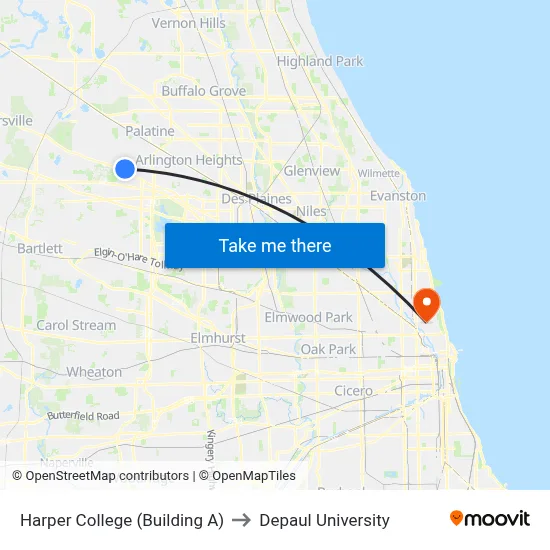 Harper College (Building A) to Depaul University map