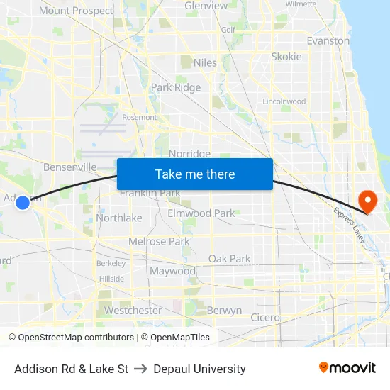 Addison Rd & Lake St to Depaul University map