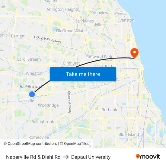 Naperville Rd & Diehl Rd to Depaul University map