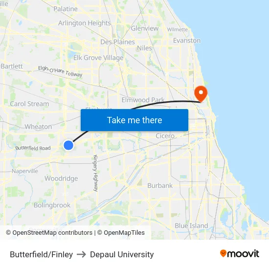 Butterfield/Finley to Depaul University map