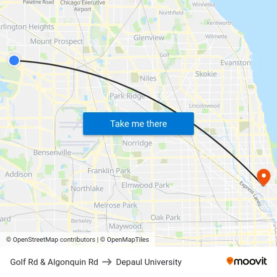 Golf Rd & Algonquin Rd to Depaul University map