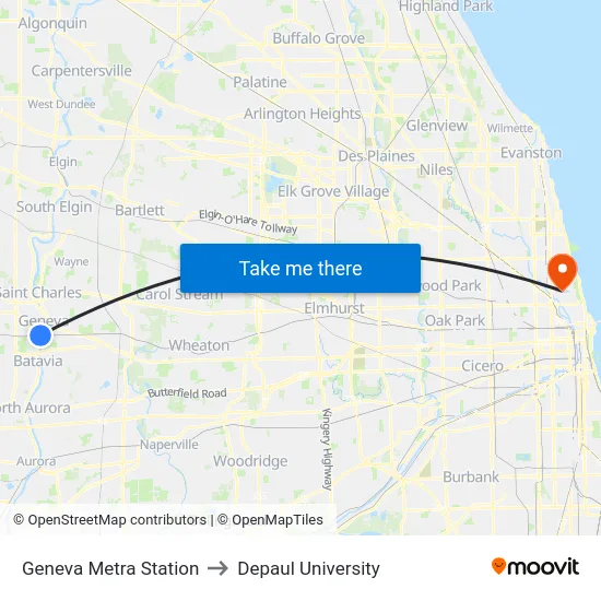 Geneva Metra Station to Depaul University map