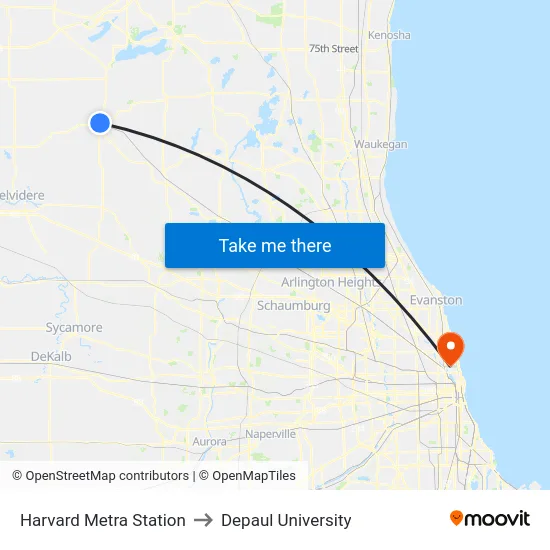 Harvard Metra Station to Depaul University map
