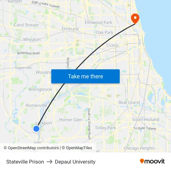 Stateville Prison to Depaul University map
