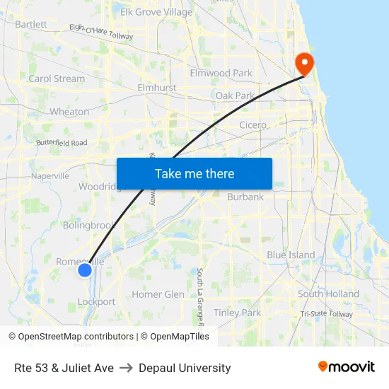 Rte 53 & Juliet Ave to Depaul University map