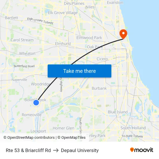 Rte 53 & Briarcliff Rd to Depaul University map
