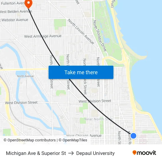 Michigan Ave & Superior St to Depaul University map
