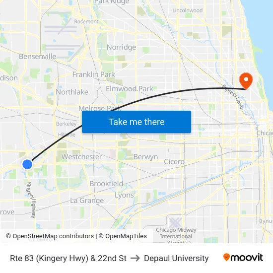 Rte 83 (Kingery Hwy) & 22nd St to Depaul University map