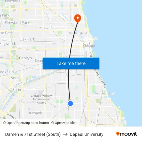 Damen & 71st Street (South) to Depaul University map