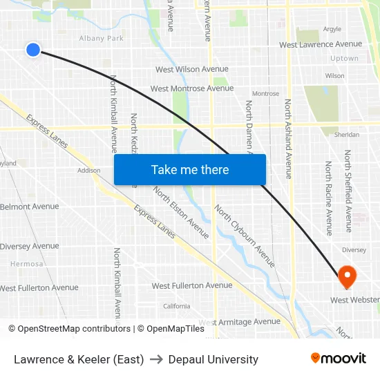 Lawrence & Keeler (East) to Depaul University map