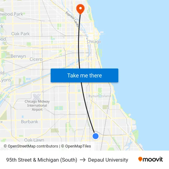 Michigan & 95th Street (South) to Depaul University map
