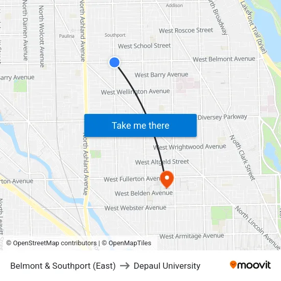 Belmont & Southport (East) to Depaul University map