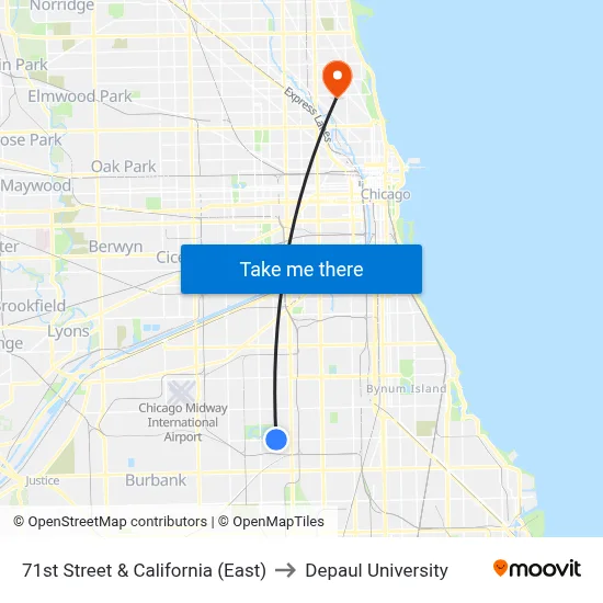 71st Street & California (East) to Depaul University map