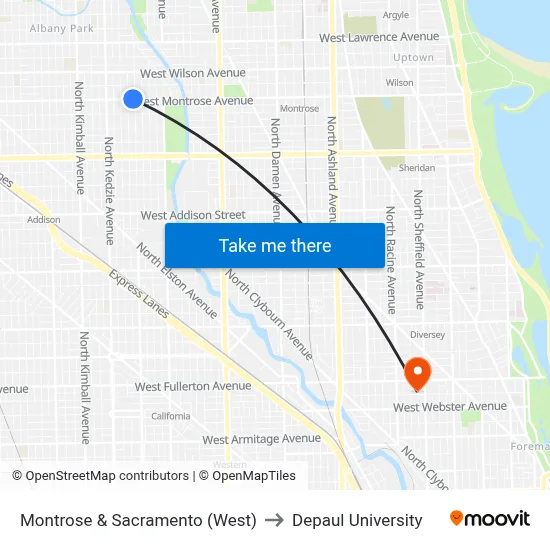 Montrose & Sacramento (West) to Depaul University map