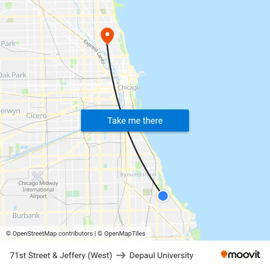 71st Street & Jeffery (West) to Depaul University map